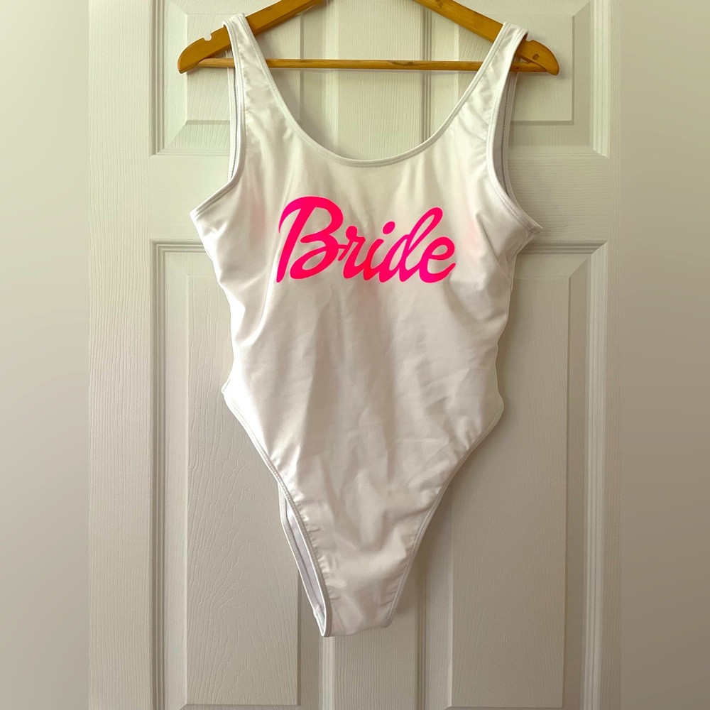 NEW Barbie pink lettering bride white one piece bathing suit NEW